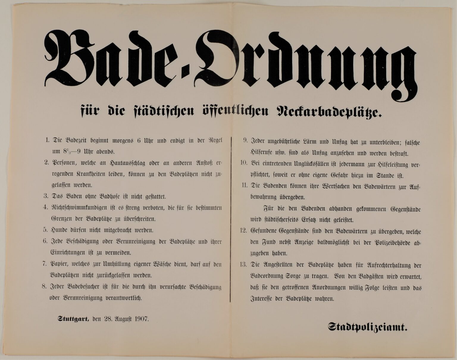 Bild eines Dokuments, das eine Badordnung aus dem Jahr 1907 beinhaltet